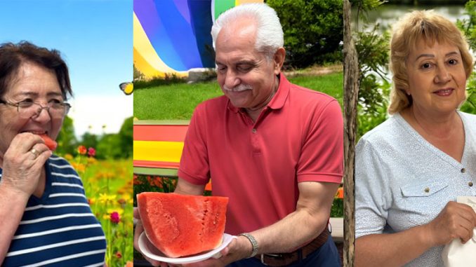 Камила Отажанова, сотрудница Центра Forever Young, наслаждается сочным кусочком арбуза среди полевых цветов — ведь именно такие простые радости делают лето по-настоящему тёплым. Фото: Forever Young; Саша Лусчикс, менеджер Центра Forever Young, всегда выбирает самый сладкий кусочек – для своей семьи и для каждого, о ком заботится в нашем доме тепла и дружбы. Фото: Л. Литас; Мирослава Холенко, любимая сотрудница Центра Forever Young, наслаждается сочным арбузом в зелёной прохладе природы — момент отдыха, который дарит радость и вкус детства. Фото: Forever Young