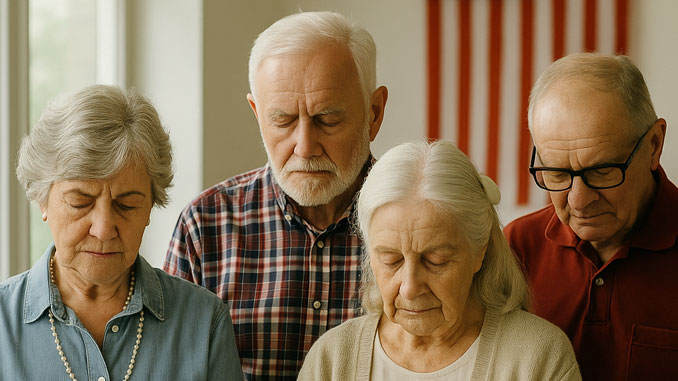 Минутa молчания в Центре Forever Young. Пожилые участники собрались, чтобы почтить память жертв 11 сентября — в тишине, со свечой и флагом, вспоминая день, который навсегда изменил мир. Фото: Forever Young