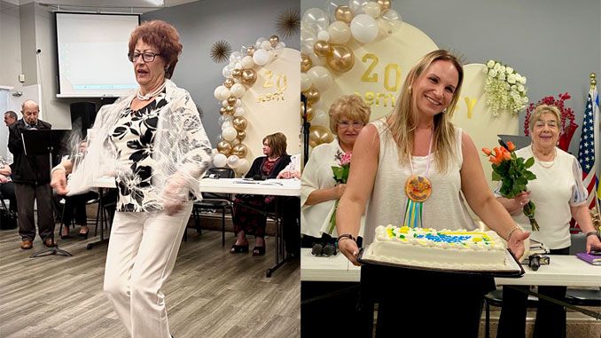 Наташа Завалко зажгла сцену в «Танце на барабане», превращая юбилейный концерт в настоящий праздник ритма и энергии; Татьяна Цикис — в центре, с медалью за её неустанный труд — вручает юбилейный торт Центру Forever Young. Позади: Лариса Тургель и Люба Бель, бессменные директора культурно-просветительных программ. Фото: Л. Бел