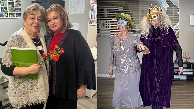 Директора культурно-просветительных программ Любовь Бел (слева) из Вилинга и Виктория Вульфсон (справа) из Линкольнвуда подготовили участников и помогли представить эту великолепную программу. Фото: С. Лисошульгина.; «Князь и княгиня» — Володя и Лиза Бренер, блистательная пара праздника! Фото: В. Крупейченко.