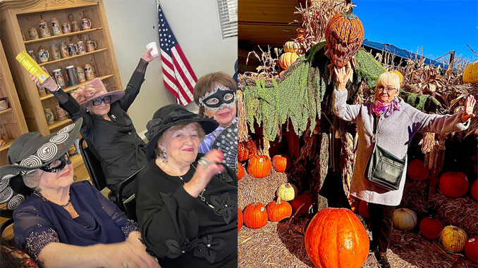 Участницы Центра Forever Young радуются жизни и празднику, наслаждаясь атмосферой веселья, масок, озорства, и живут на полную катушку — ведь молодость живёт там, где звучит смех и бьётся сердце; Вера Крупейченко начала праздновать Хэллоуин задолго до концерта — на ферме с тыквами и пугалами, где осень пахнет солнцем, сеном и радостью. Фото: В. Крупейченко