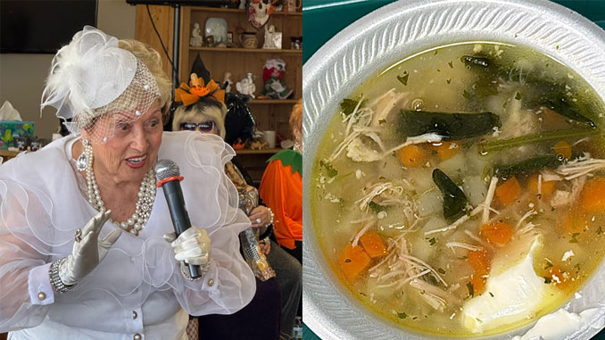 Активная и многолетняя участница Центра Галина Халилова выступает с трогательным и ярким номером на концерте. Фото: В. Крупейченко; После концерта всех гостей ждал вкусный и питательный обед — как и каждый день в Forever Young, где питание является частью программы. Блюда готовит лучший русский ресторан Чикаго - Петергоф. Фото: Т. Цикис