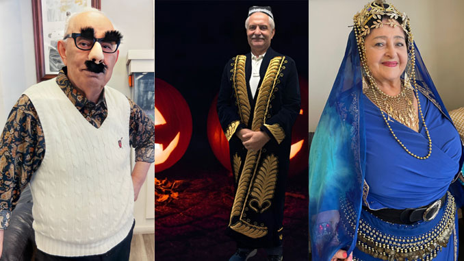 Наум Капилевич в очках с носом и усами аля Граучо Маркс — живое доказательство, что чувство юмора не знает возраста. Фото: A. Лущик; Саша Лущик, наш менеджер в Линкольнвуде и всеобщий «папа» Центра, с удовольствием погрузился в атмосферу праздника, доказав: настоящий дух Хэллоуина — это тепло, доброта и немного волшебства. Фото: Л. Литас; Людмила Хачатурян в сапфировом восточном наряде — словно сама царица Шемаханская из «Тысячи и одной ночи». Фото: A. Лущик