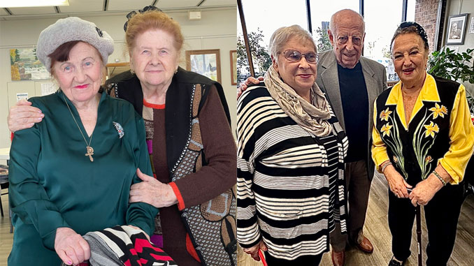 Екатерина Карташова (справа), которой 8 декабря исполнится 95 лет, обнимает свою подругу Галю, даря ей тёплую поддержку в зимний день. Фото: В. Крупейченко; Тёплые, близкие отношения согревают участников Центра в зимние месяцы лучше любого пальто. Фото: Л. Литас