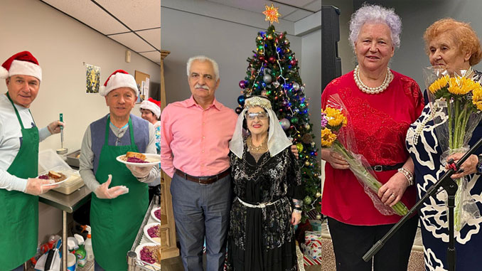 С теплом и ответственностью: сотрудники Forever Young подают праздничные блюда своим участникам. Фото: А. Лущикс; Праздник, который объединяет: менеджер зала Forever Young в Lincolnwood Саша Лущикс и участница программы Людмила Хачатурян. Фото: А. Лущикс; Валентина Ткаченко (слева) и Галина Сирота встречают Новый год на концерте с цветами. Фото: Л. Бел
