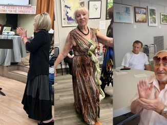 Давид Берин (слева) благодарит Марту Литас, основателя Центра Forever Young, за поддержку и внимание во время концертной встречи. Фото: Л. Литас; Валентина Феоктистова в танце во время концерта в Вилинге — движение, цвет и огонь на сцене Центра Forever Young. Фото: Л. Тургель; Леонид Кучер аплодирует коллегам-артистам во время концерта в Центре Forever Young. Когда есть общая цель, зал откликается единодушно. Фото: В. Крупейченко