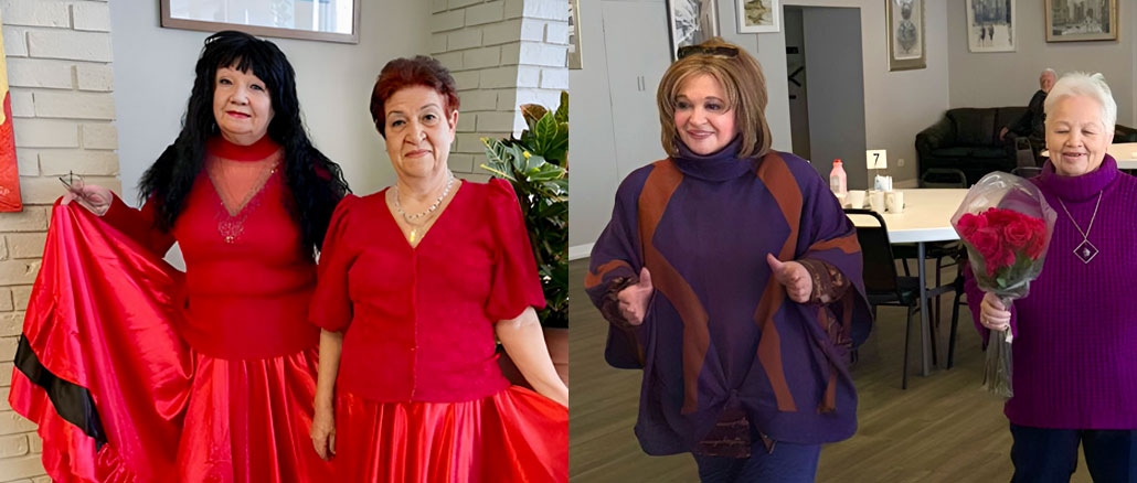 Вера Крупейченко и Люба Нефедова — цыганский танец в красных платьях, когда сердце требует выхода. Фото: В. Крупейченко; Вика Вулфсон, директор культурно-просветительных программ Центра Линкольнвуда, и Валентина Степанова — танец, букет роз и смех. Именно так выглядит праздник, который создают сами. Фото: В. Крупейченко