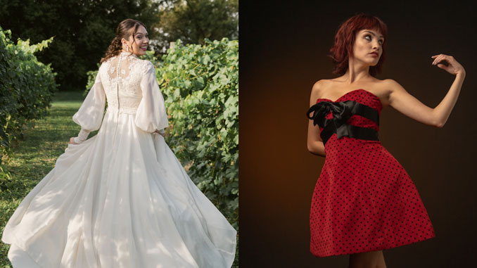 Свадебное платье Norman Hartnell, британского кутюрье королевы Елизаветы 2 (1937 год, платье выполнено из шелка с жемчугом); красное платье в горошек - Valentino (эксклюзивная коллекция 1980 года)