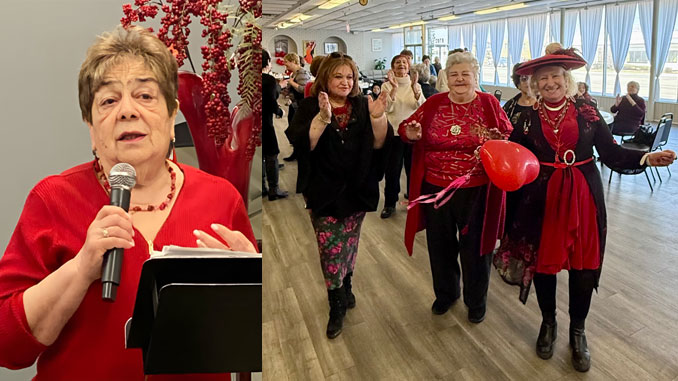 Люба Бел, директор культурно-просветительных программ, ведёт концерт с искренней вовлечённостью и теплотой. Фото: Л. Бел; Вика Вольфсон (слева), директор культурно-просветительных программ, вместе с Тамарой Голенко и Лилей Сорокой создают атмосферу праздника на концерте в честь Дня любви. Фото: С. Лысошульгина