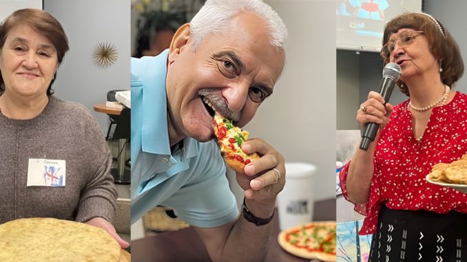 Хатуна Саквадзре угощает центр Forever Young хачапури по-имеретински — грузинским пирогом с сыром, который в её семье в Тбилиси пекут для самых дорогих гостей. Фото: Т. Цикис; В День числа π без пирога никак. А в Америке «pie» называют и пиццу. Менеджер центра Forever Young Александр Лущик поддерживает традицию. Фото: Л. Литас; Галина Малученко угощает посетителей центра Forever Young домашними пирожками прямо во время концерта. Фото: Л. Тургель