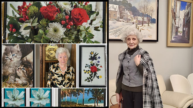 Ида Досовицкая (в центре) — многолетняя посетительница Центра Forever Young. Она начала создавать искусство после 80. Сегодня Центр с гордостью выставляет её работы, которые наполняют радостью и художницу, и всех, кто их видит. Фото: С. Лусчикс; Алла Свистун у работ, представленных в Центре Forever Young. Здесь искусство живёт не только на стенах — сами посетители становятся его живым воплощением. Фото: Forever Young