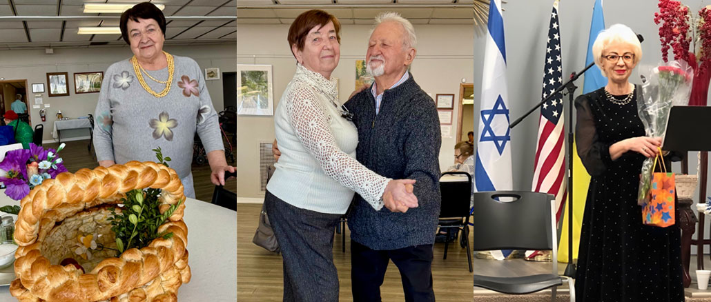 Анна Кровка угощает Центр домашним пасхальным хлебом — символом тепла, заботы и традиций, которые продолжают жить за общим столом. Фото: В. Крупейченко; Израиль Штейнберг (справа) в паре с Фаиной Раскиной, ведёт с уверенностью и лёгкостью, задавая ритм всему залу. Фото: В. Крупейченко; Ольга Милешкевич — одна из самых активных участниц творческой жизни Центра, чьи выступления неизменно вызывают аплодисменты и создают особую праздничную атмосферу. Фото: Л. Бел