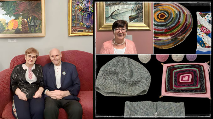 Нина и Александр Лужанские — активные посетители Центра Forever Young и состоявшиеся художники, здесь на фото под работами, представленными в Центре. Фото: Forever Young; От вязаных изделий до текстильных композиций, яркие работы активнойучастницы Центра Forever Young Феодоры Раскиной украшают выставки и радуют зрителей. Фото: С. Лусчикс