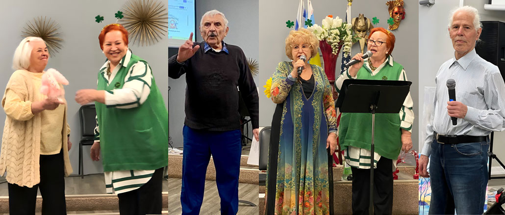 Вика Гуменюк (справа), активная участница Центра, помогала организовать концерт ко Дню святого Патрика, а Зинаида Власова исполнила задорные частушки — праздник получился живым и по-настоящему тёплым; Матвей Рабкин читает стихи о любви — с чувством, силой и тем внутренним теплом, которое сразу передаётся залу; Лариса Тургель (слева), директор культурно-просветительных программ, и Вика Гуменюк (справа), активная участница Центра и соорганизатор концерта ко Дню святого Патрика; Олександр Сирота — активный участник Центра и неизменно стильное присутствие на любом празднике. Фото: Л. Тургель