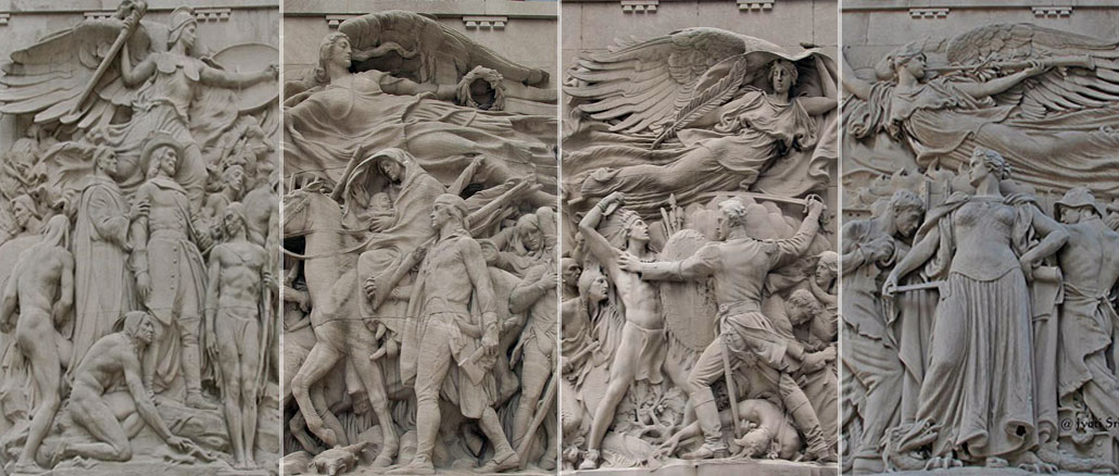 «Открыватели» (The Discoverers), «Пионеры» (The Pioneers), «Защита» (Defense), «Восстановление» (Regeneration). 1928 Скульпторы: Henry Hering и James Earle Fraser Pylons, Michigan Avenue Bridge North Michigan Avenue at the Chicago River