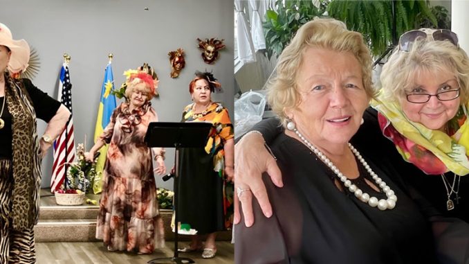 Вот такие прекрасные дамы встречаются и выступают в Forever Young! У микрофона — Лиля Понаровская, на заднем плане — организаторы концерта: директор культурно-просветительных программ Лариса Тургель и Виктория Гуменюк. Фото: Л. Тургель; За прекрасную жизнь и долгие годы впереди! Анна Михайлова (слева) и Светлана Копейка поднимают бокалы. Фото: В. Крупейченко.